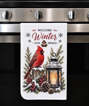 Welcome Winter Cardinal Kitchen Towel Rustic Farmhouse Bird & Lantern Decor
